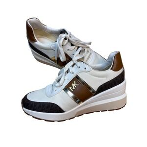 Michael Kors Georgie Wedge Sneakers‎ Brown White Logo LS21B Womens 7M